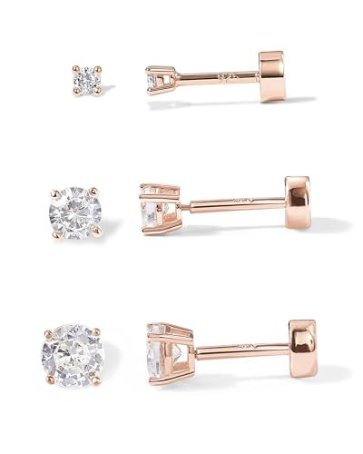 PAVOI 14K Rose Gold Plated Solid 925 Sterling Silver Post Cubic Zirconia Stud Flat Back Earrings Pack for Women, Cartilage & Helix Piercing Jewelry, Small Set of Three | Amazon (US)