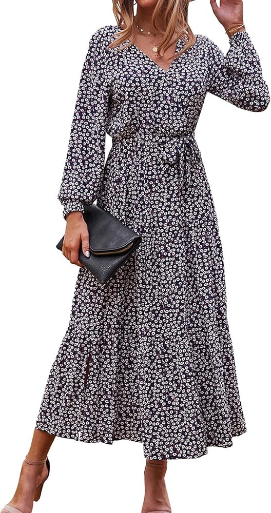 BTFBM Women's Casual Dresses Long Sleeve Wrap V Neck Floral Print Bohemian Swing A-Line Pleated H... | Amazon (US)