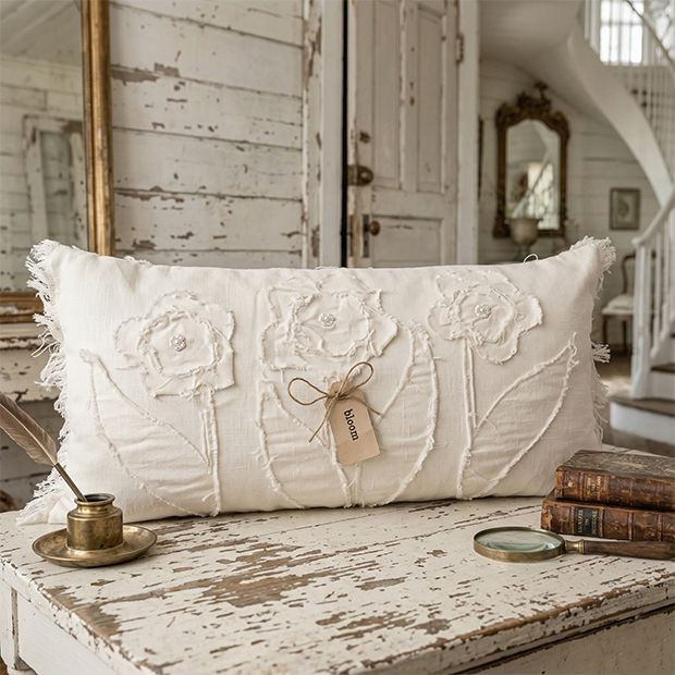 Simply Chic Fringed Floral Pillow with Fabric Tag | Antique Farm House