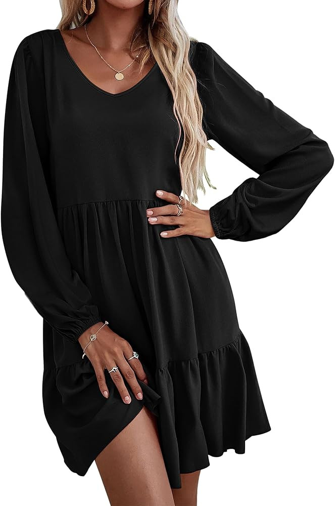 HOTOUCH Women Casual Tunic Dress V Neck Tiered Dress Long Sleeve Fit Swing Shift Dress with Pocke... | Amazon (US)