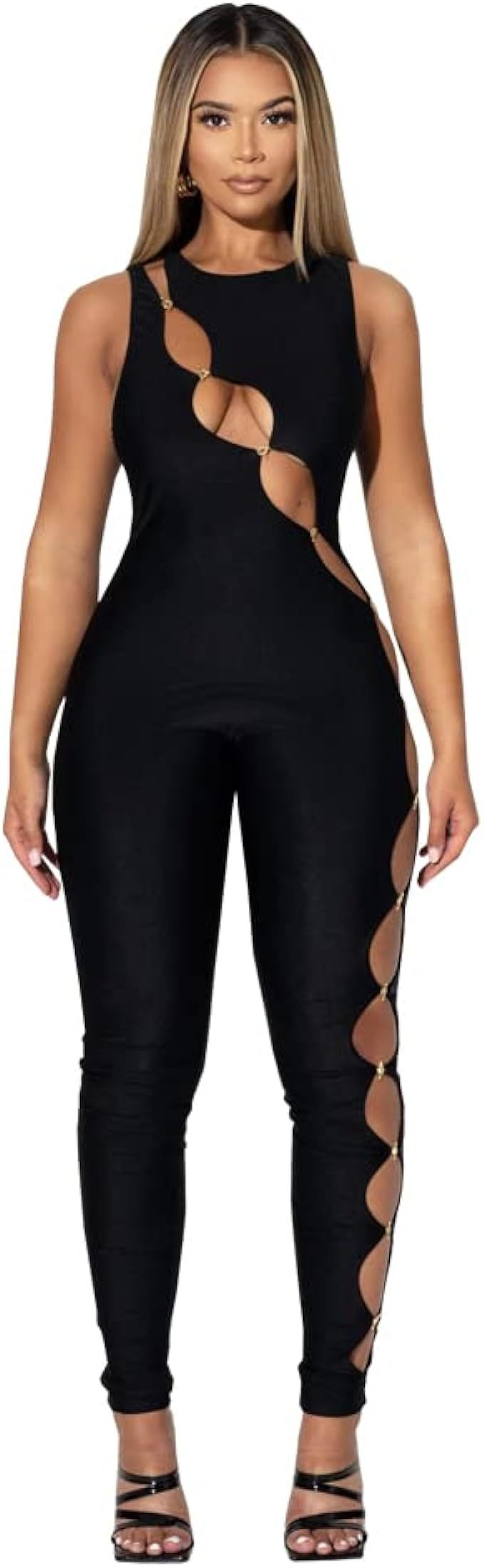 XLLAIS Womens Cut Out Jumpsuit Sexy Tight Bodycon Romper Club Overall Casual One Piece Outfit | Amazon (US)