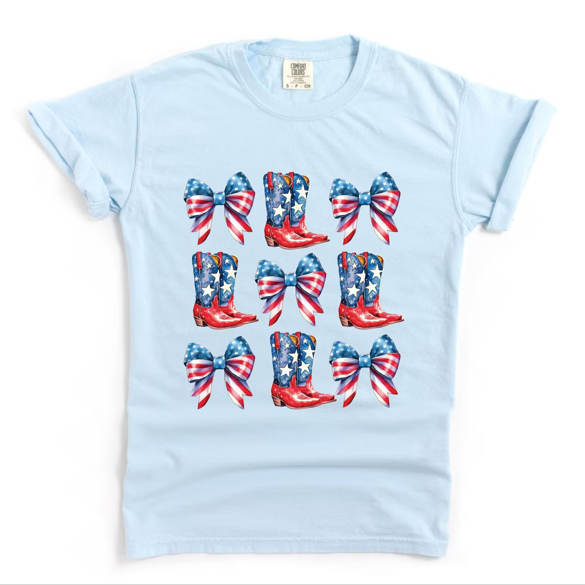 Simply Sage Market Patriotic Boots Stacked Coquette Garment Dyed Tee - M - Chambray | Target