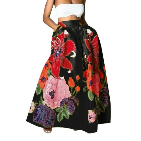Bohemian High Waist Maxi Skirt Floral Print Long Skirt Party Beach Pockets Polyester Breathable Stretch Super Soft | Walmart (US)