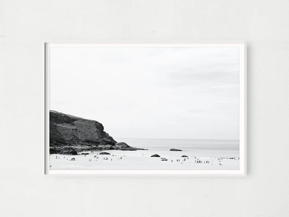 Large Black and White Cornwall Beach Photo Wall Art, Vintage Minimalist Coastal Home Decor, Rugge... | Etsy (US)