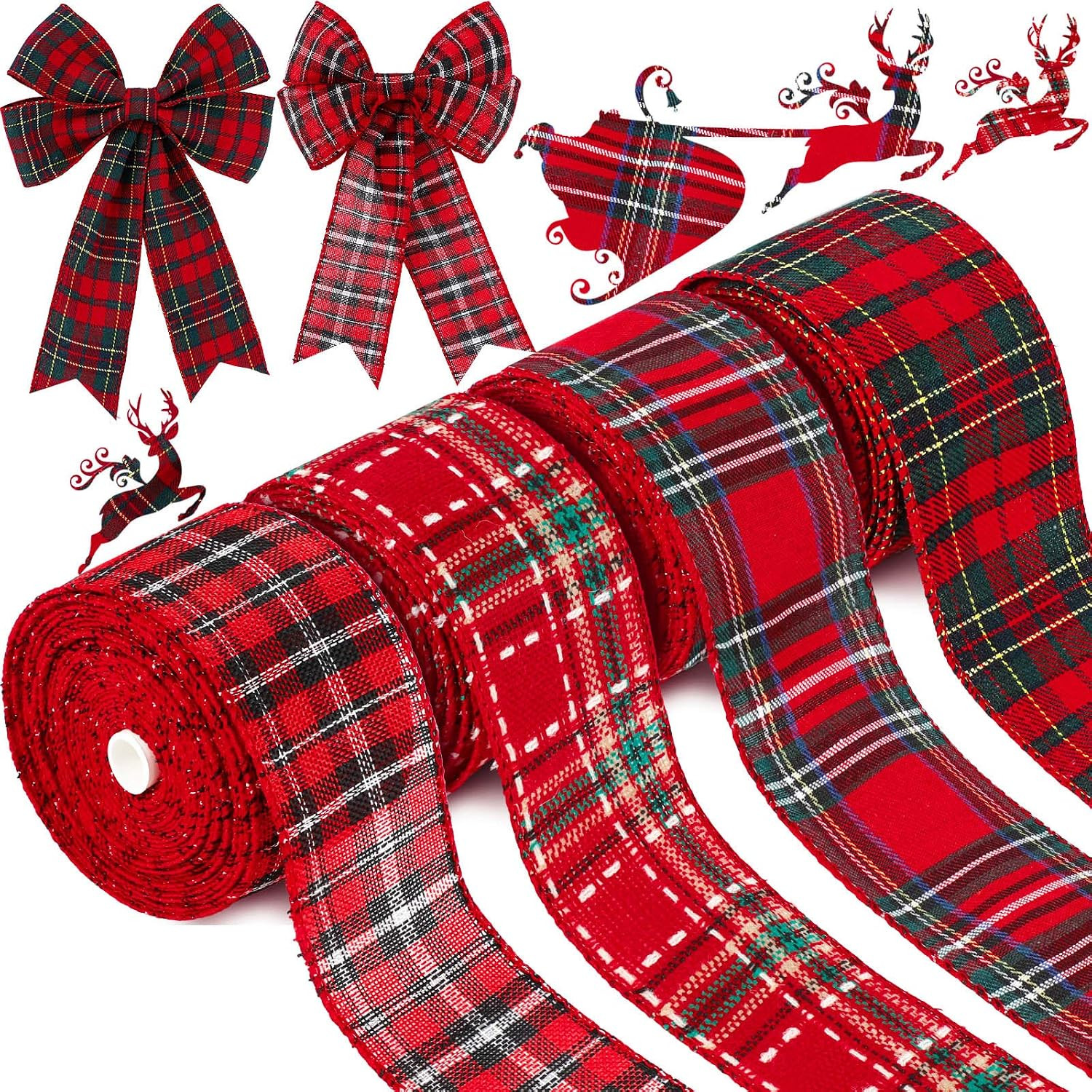 4 Rolls Christmas Red Plaid Ribbons Checkered Wired Edge Wrapping Ribbons Thin Plaid Burlap Ribbon Tartan Plaid Ribbon for Christmas Tree Decor DIY Craft, 26 Yard x 2.52 Inch in Total, 4 Colors | Amazon (US)