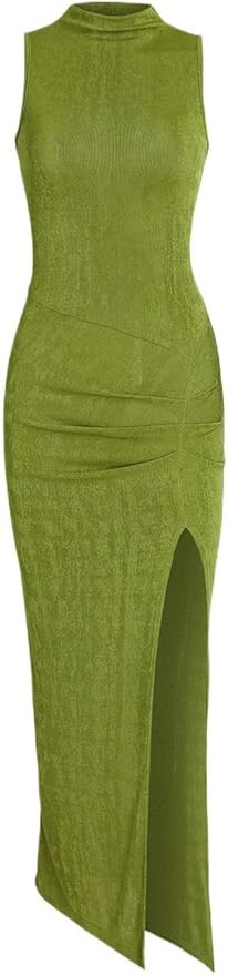 Women Sexy Semi Sheer Sleeveless Mock Turtleneck Jersey Ruched Thigh Slit Bodycon Maxi Dress for ... | Amazon (US)