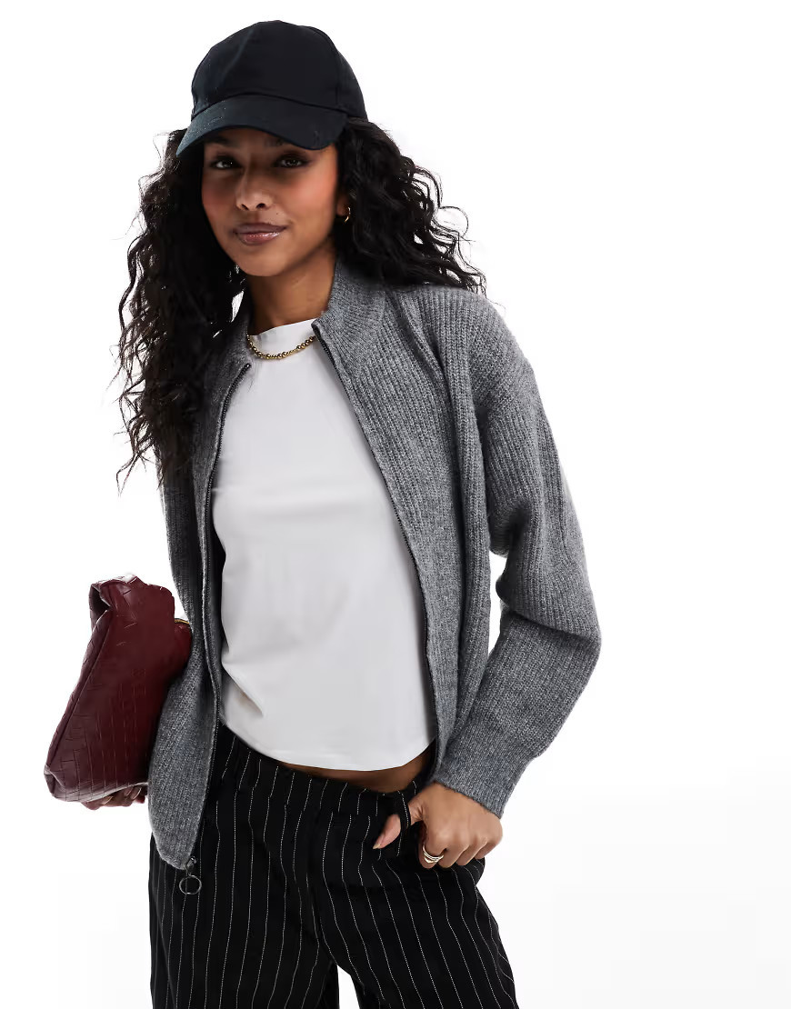 ONLY knitted zip through cardigan in dark grey melange | ASOS (Global)