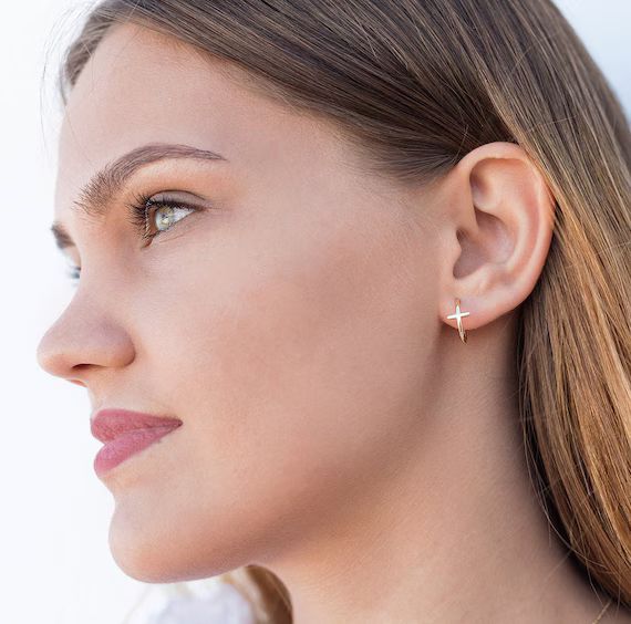 Minimalist & Dainty Cross Shaped Hoop Earrings | Etsy (US)