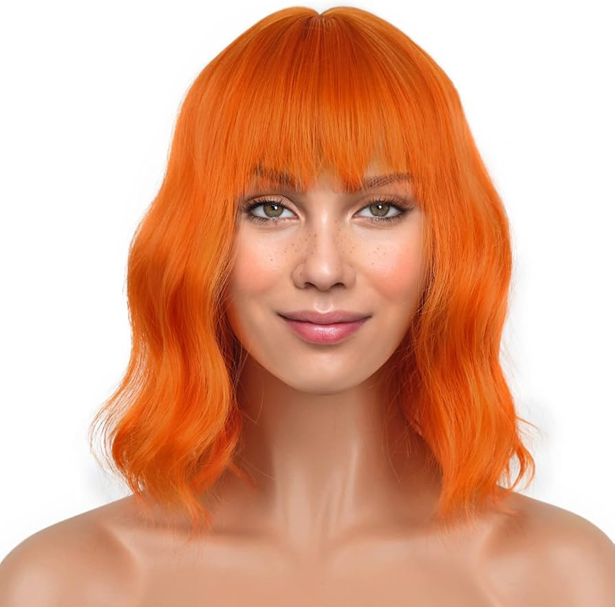Short Bob Wigs with Bangs for Women Loose Wavy Hair Shoulder Length Orange Wigs Synthetic Colorfu... | Amazon (US)