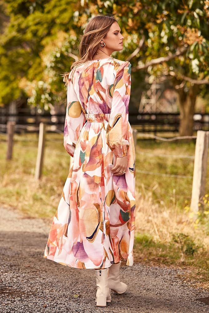 PRETTYGARDEN Women's 2024 Fall Boho Maxi Dress Casual Long Sleeve V Neck Printed Beach Long Flowy... | Amazon (US)