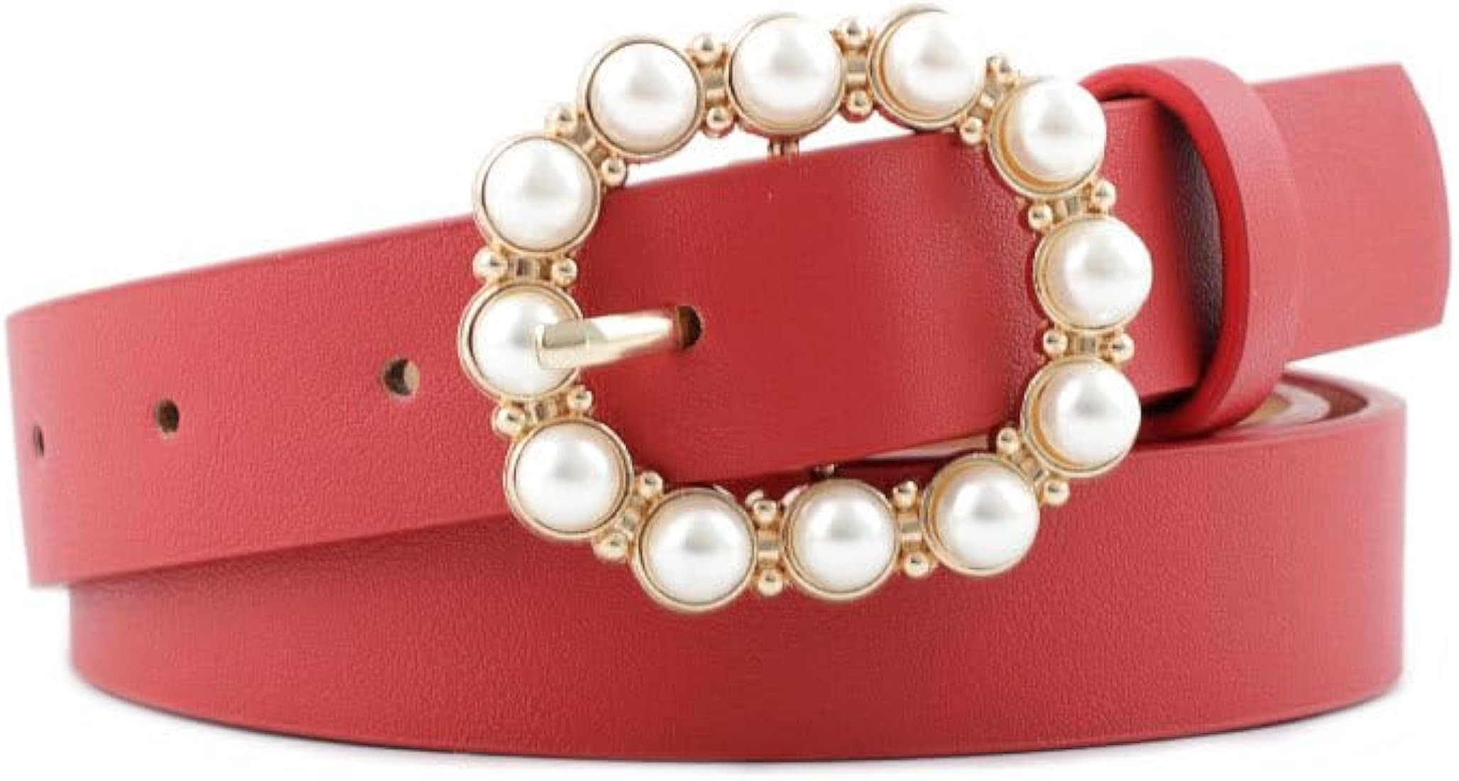 COTIM COYIN Pearl Buckle Skinny Leather Belt for Women, Adjustable Pin Buckle Belt, Fashion Belt ... | Amazon (US)
