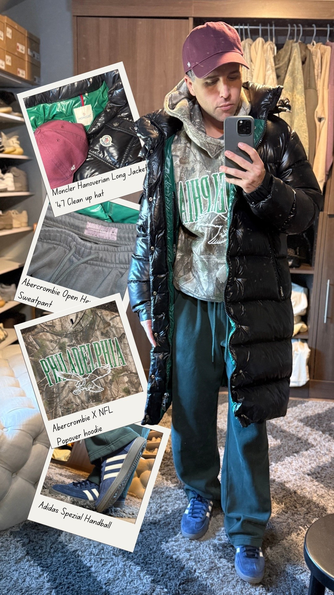 Bundled up today in the ultimate winter jacket. The Moncler long down jacket, over the Abercrombie x NFL popover eagles hoodie. Paired it with green Abercrombie open-hem sweatpants, my go to ’47 Clean Up hat, and Adidas Spezial sneakers for a casual, cozy winter fit. It’s Perfect for cold weather errands, game-day parties, or just staying warm while being cozy and not looking a mess. 

#LTKHoliday #LTKootd #LTKMens