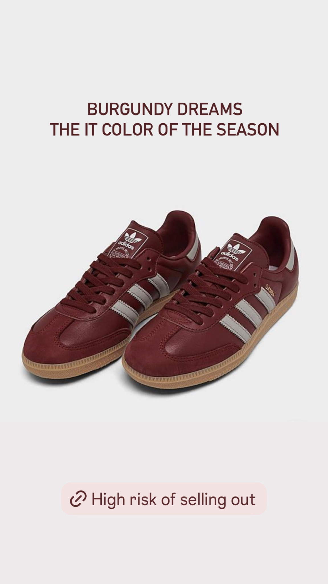 New Adidas Samba sneaker drop 🚨 Burgundy is the IT color of the season. High risk of selling out! 

Adidas Samba, Adidas sneakers, Adidas, neutral sneakers, burgundy, fall shoes, fall outfits, The Stylizt




#LTKFindsUnder100 #LTKShoeCrush #LTKSeasonal