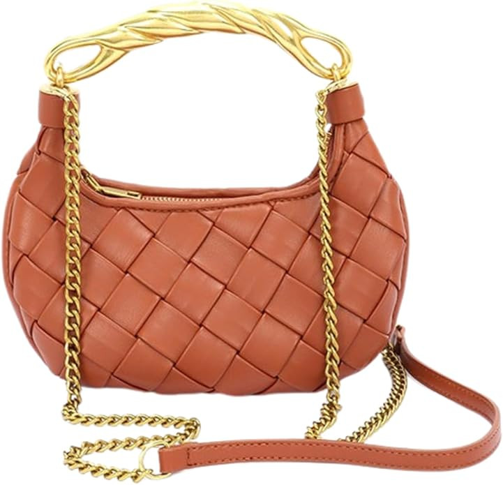 Weave Handbag PU Leather Shoulder Bag for Women Luxury Designer Round Tote Purse with Gold Chain ... | Amazon (US)