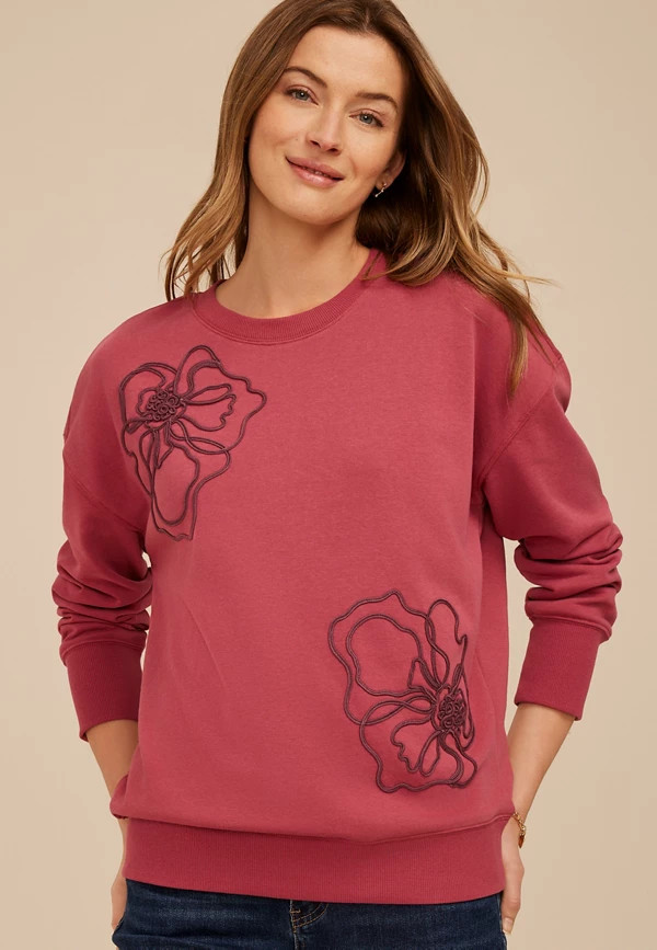 Soutache Floral Embroidered Crew Neck Sweatshirt | Maurices