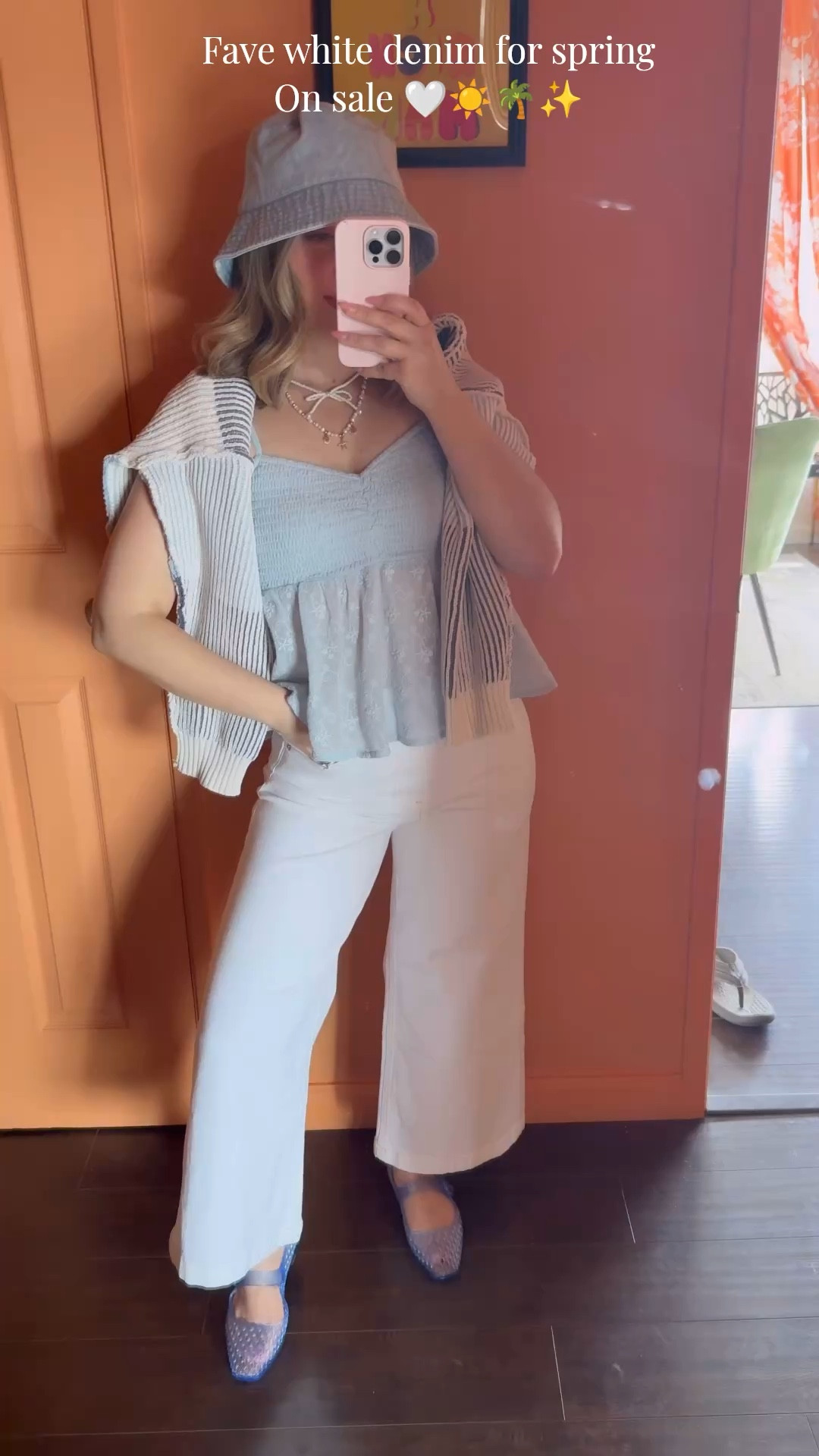 Fave high waisted ankle length white denim now on sale! Wearing size 26 petite runs tts. Size 5 blue jelly ballet flats. Size xs top. Denim bucket hat aka on sale 

Palm Springs 
Spring Break style 
Travel style 
Petite style 
Blue outfits 


#LTKSpringSale #LTKPetite #LTKootd