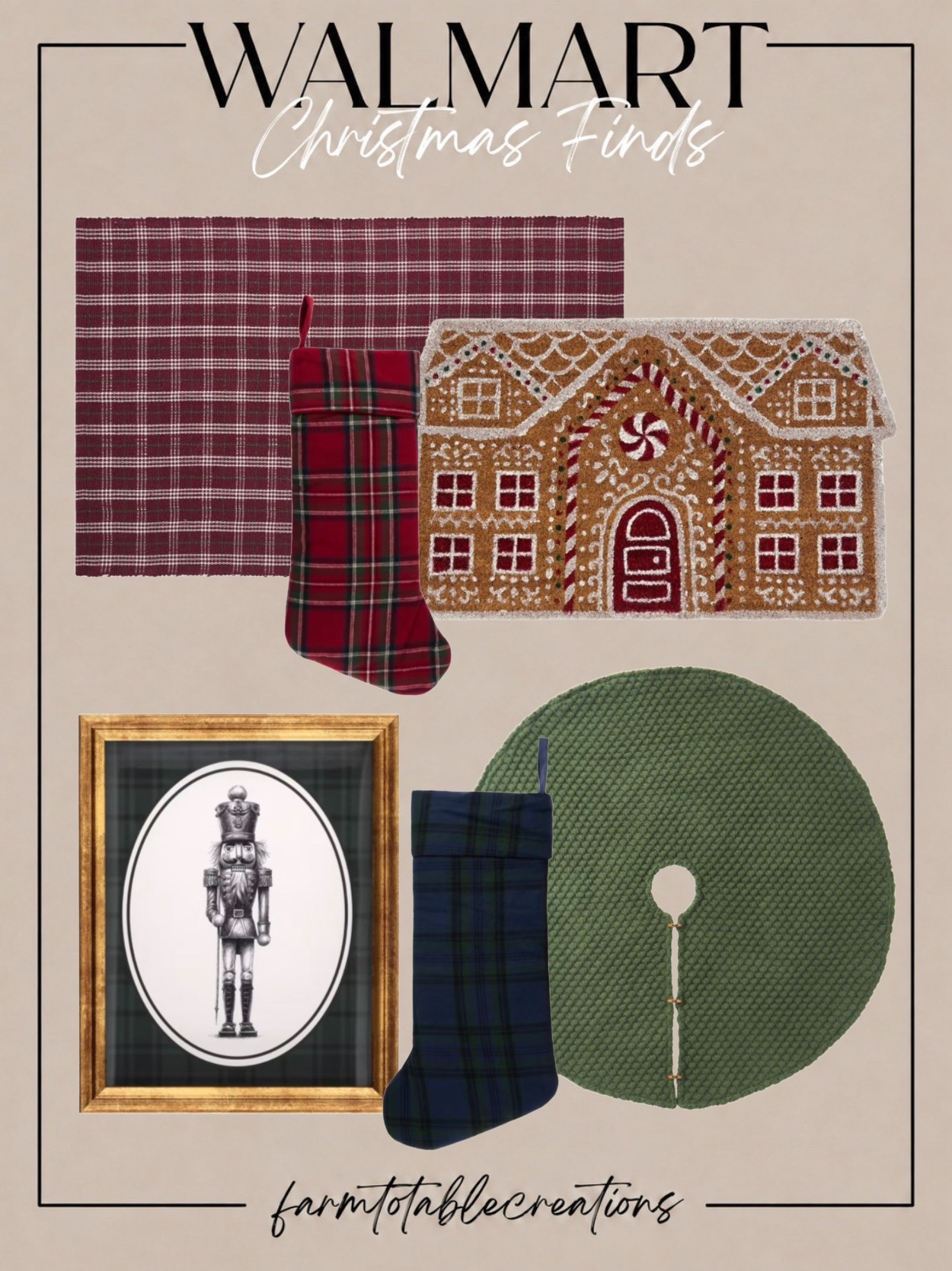 Walmart Classic Christmas Finds 🎄❤️

These Walmart Christmas finds are perfect for creating that cozy, traditional holiday look! The rich plaid rug and stockings, gingerbread house mat, classic nutcracker artwork, and textured green tree skirt all bring in those warm nostalgic Christmas details.

I love the mix of tartan, evergreen, and vintage-inspired accents here. These pieces would be so easy to layer into an entryway, living room, or around the tree for a festive look that feels timeless and collected.

Follow @farmtotablecreations on Instagram for more cozy home finds and trending decor.

#LTKHome #WalmartFinds #WalmartHome #WalmartChristmas #ChristmasDecor #HolidayDecor #TraditionalChristmas #ClassicChristmas #ChristmasStockings #TreeSkirt #ChristmasRug #NutcrackerDecor #GingerbreadDecor #CozyChristmas #ChristmasInspo

#LTKHome #LTKSeasonal