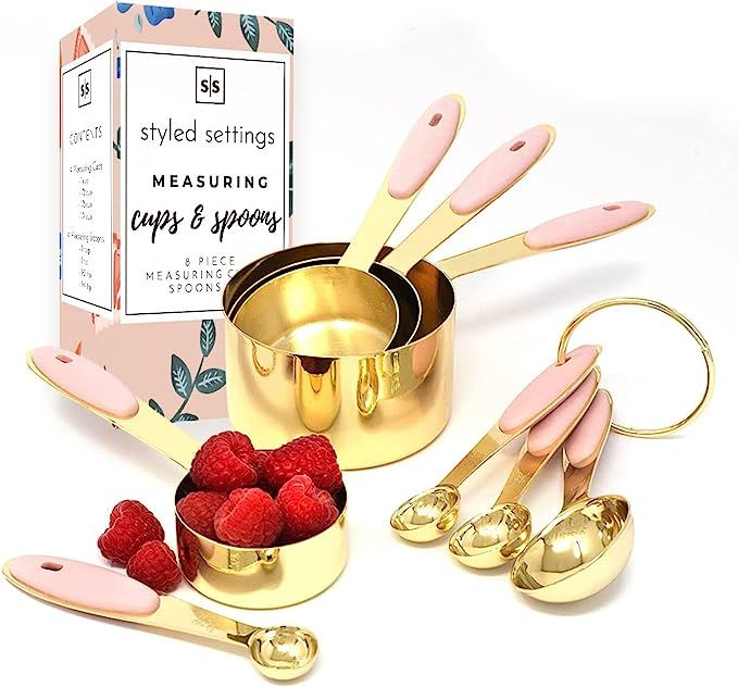 Pink Measuring Cups and Spoons Set - Sturdy 8PC Pink & Gold Measuring Cups and Spoons Set Stainle... | Amazon (US)