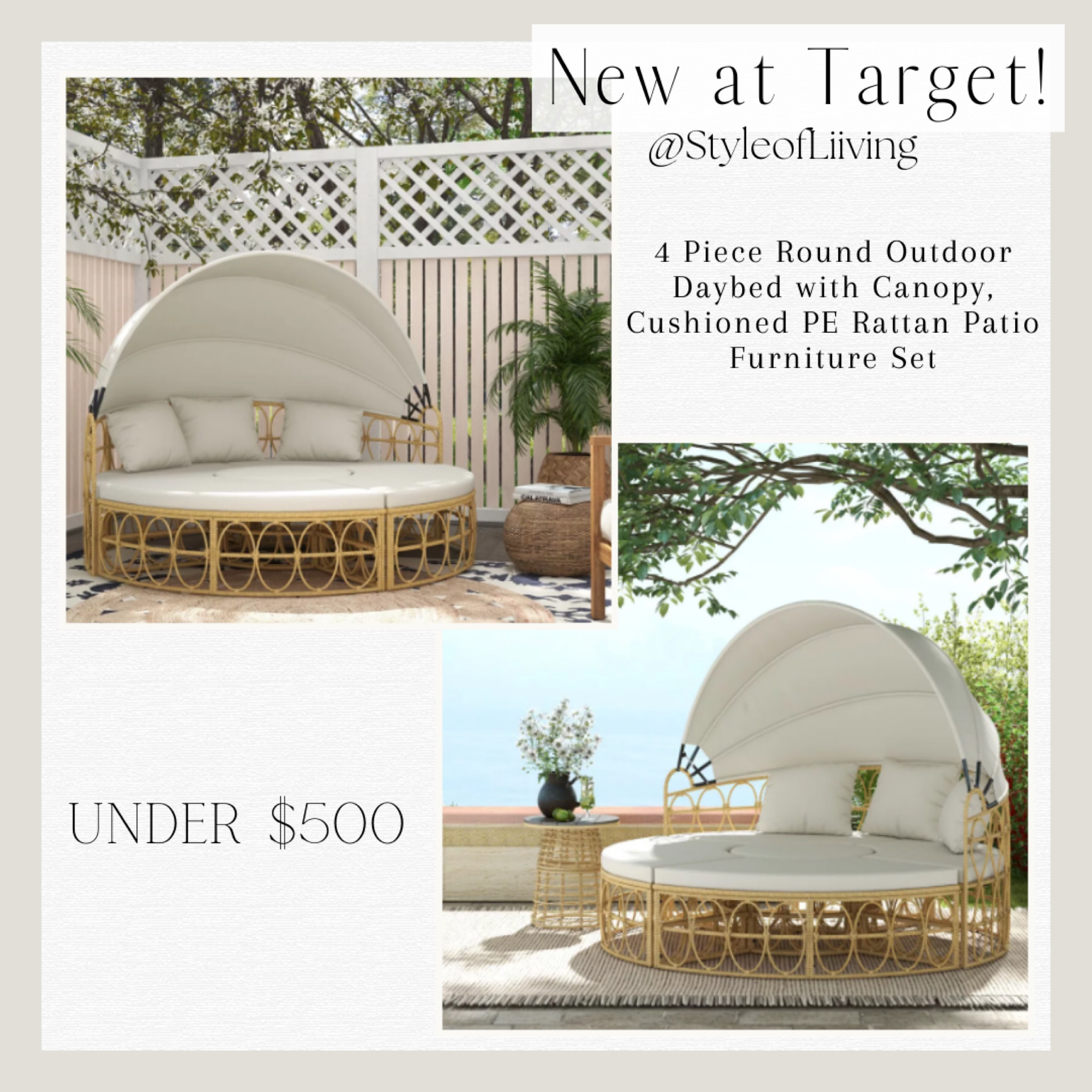 New at Target! 4 piece round outdoor daybed with canopy rattan patio furniture set, cream white. Less than $500.

#LTKhome #LTKstyletip #LTKSeasonal