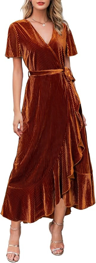 Miessial Women's Summer Chiffon V Neck Ruffle Maxi Dress Polka Dot Long Beach Wrap Dress | Amazon (US)