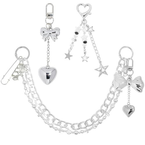 WAQYGZO 4 in 1 Silver Bag Charms, Purse Charms,Bow Bag Charm Chain for Handbags, Purse Keychain, Purses Chain Charm, DIY Bag Accessories for Women | Amazon (US)