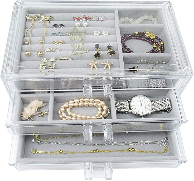 Weiai Acrylic Jewelry Box 3 Drawers, Velvet Jewellery Organizer, Earring Rings Necklaces Bracelet... | Amazon (US)