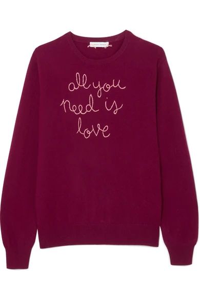 Lingua Franca - All You Need Is Love Embroidered Cashmere Sweater - Burgundy | NET-A-PORTER (US)