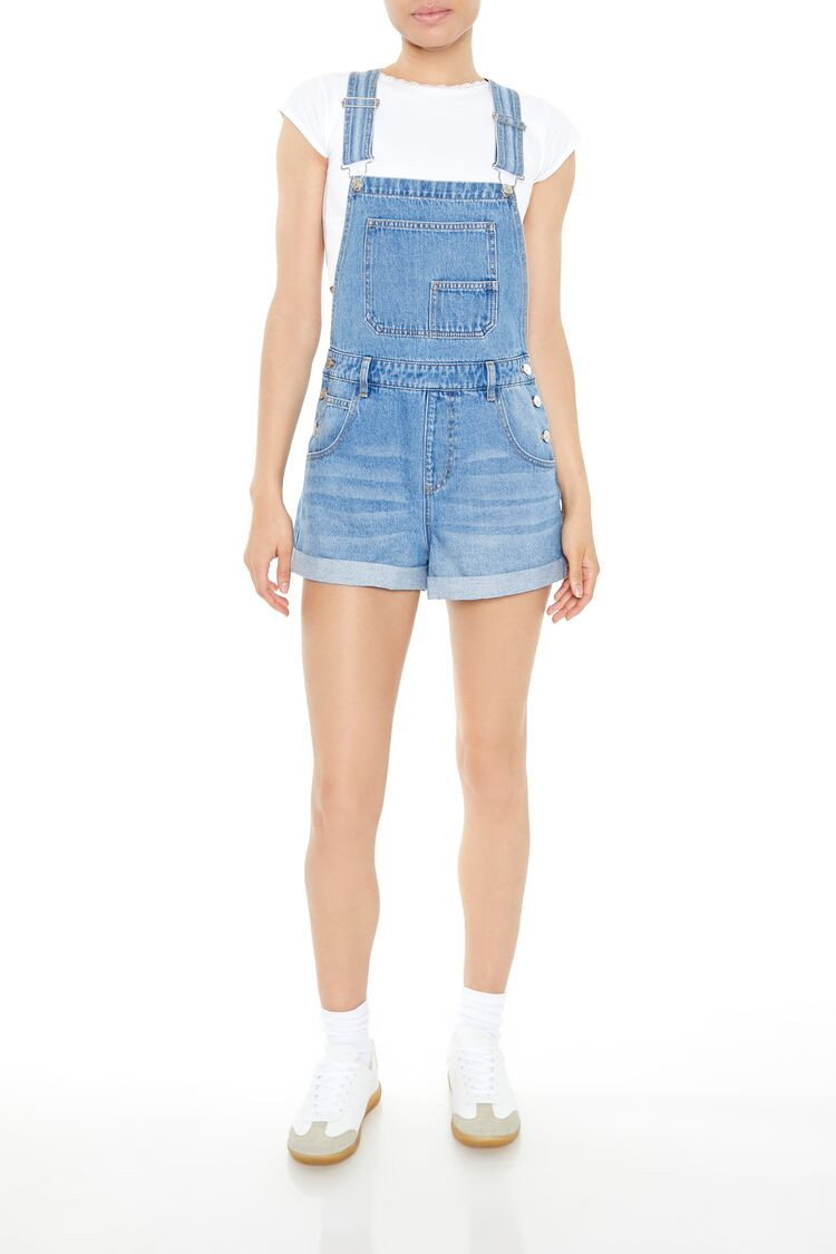 Women's Denim Overall Shorts in Medium Denim, XS | Forever 21