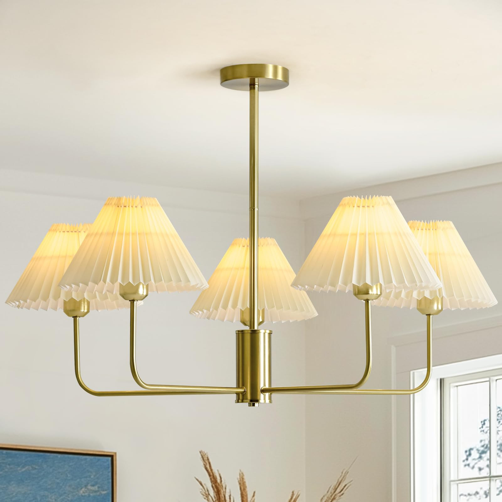 Modern Brass Chandelier, Dining Room Light Fixture with Pleated Lamp Shade, 5-Light Brushed Gold ... | Amazon (US)