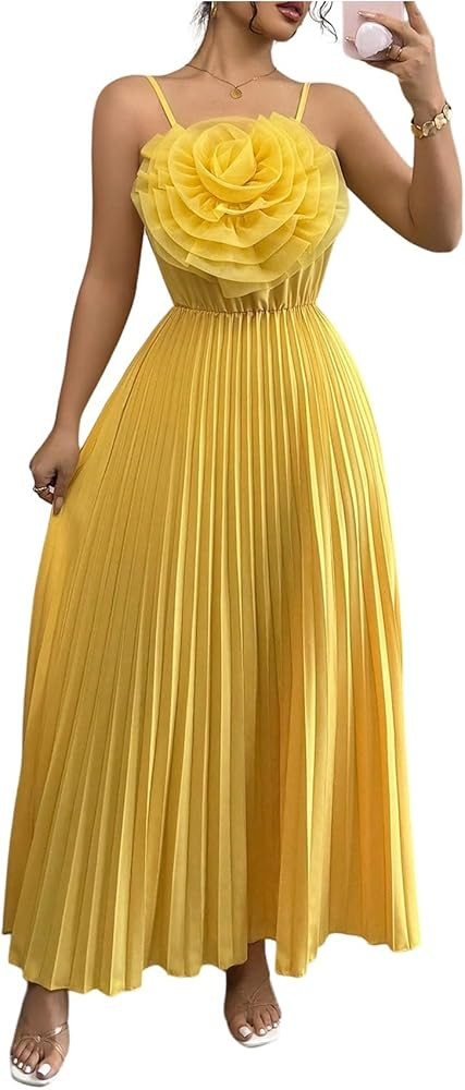 OYOANGLE Women's 3D Floral Spaghetti Strap Cami Dress Pleated Sleeveless Flared Evening Dresses | Amazon (US)