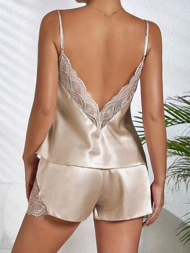 2023 New Women's Fashionable Lace Ice Silk Backless Sleepwear Set With Short Cami & Shorts, Thin ... | SHEIN