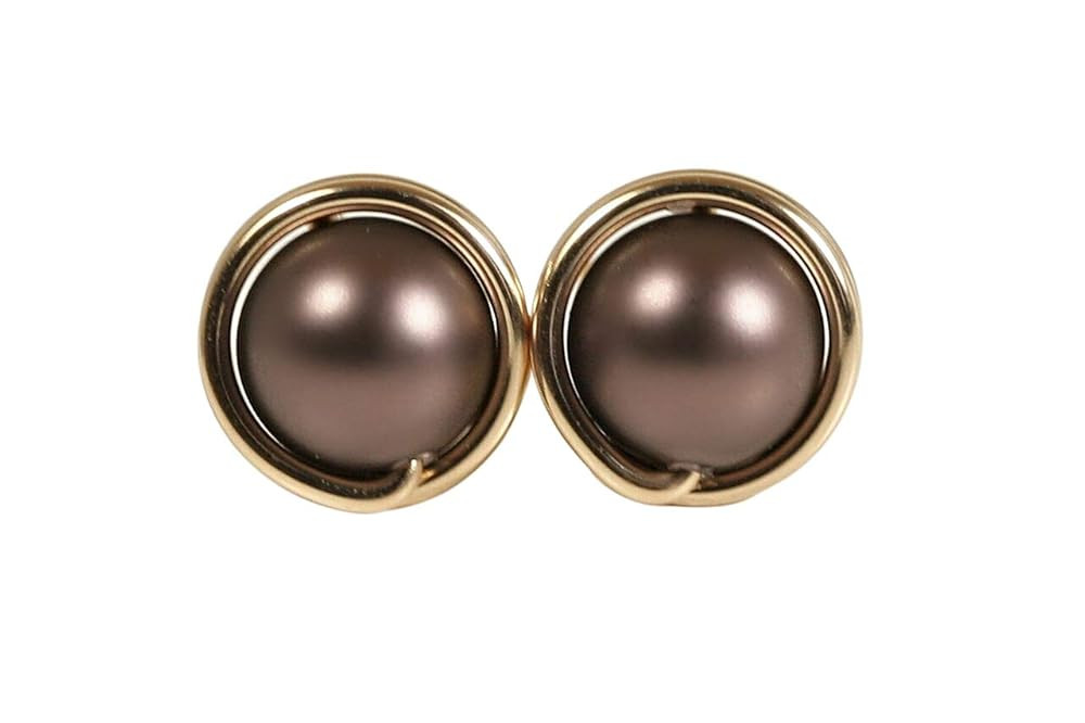 Gold Brown Pearl Stud Earrings Handmade Jewelry | Amazon (US)