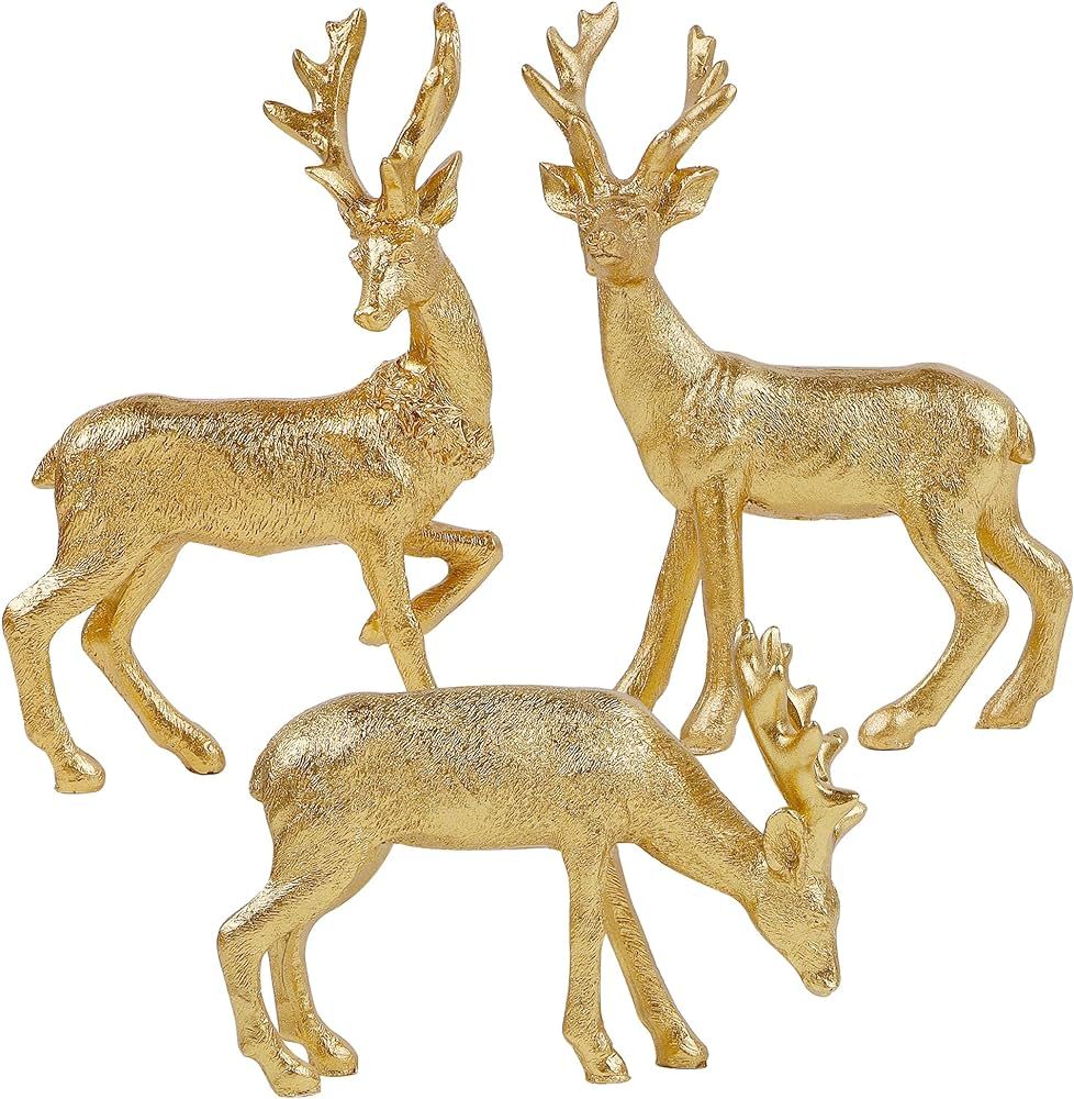 Lulu Home Christmas Tabletop Decorations, 3 Packs Resin Golden Reindeer Figurines with Three Post... | Amazon (US)
