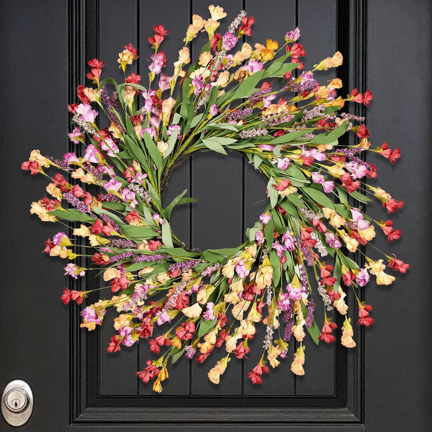 24" Spring Wreaths for Front Door Not Withering Artificial Floral Wreath with Wildflowers Summer ... | Amazon (US)