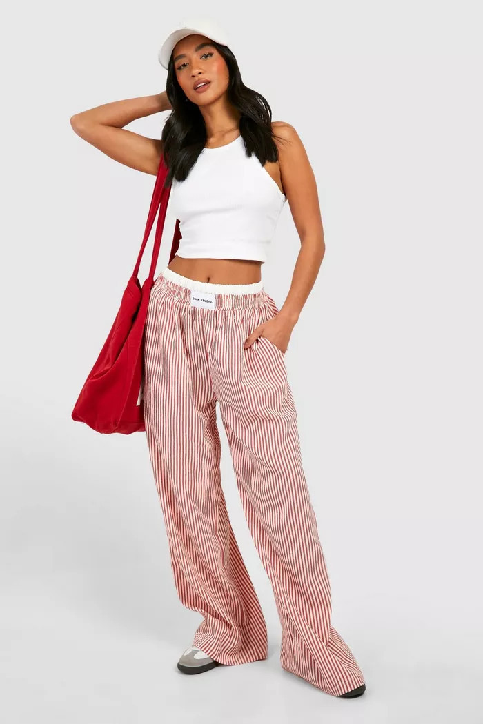 Petite Contrast Waistband Pinstripe Pants | boohoo (US & Canada)