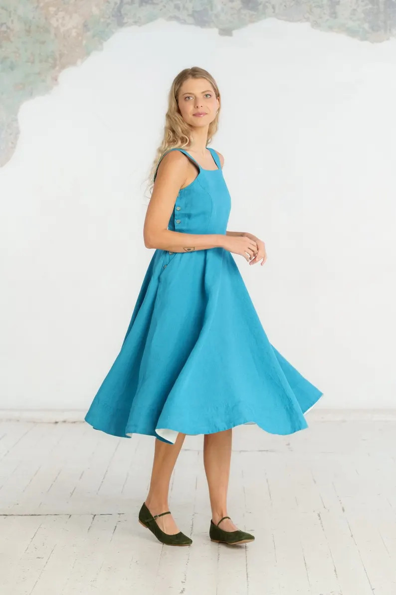 BLUE PINAFORE DRESS | Summer Style Linen Dress, Sleeveless Dress, Womens Clothing, Beachy Boho Dr... | Etsy (US)