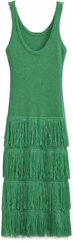 Women'S Cascading Tassel Knitted Dress Holiday Wind Design Chic Tight Stretch Sleeveless Midi Ski... | Amazon (US)