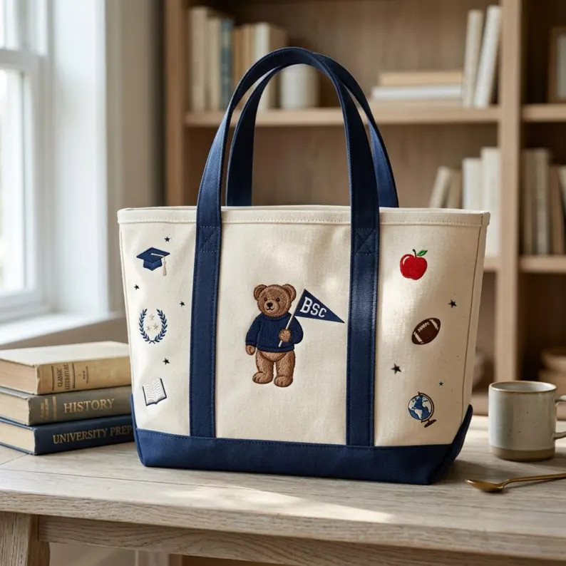 Custom College Tote Bag, Embroidered Teddy Bear Tote, Personalized University Bag, Canvas Tote Gi... | Etsy (Global)