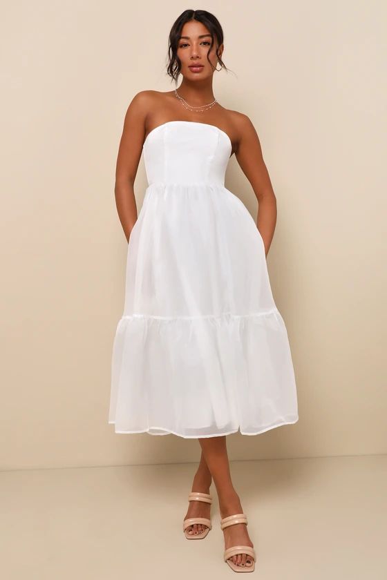 Elegant Dedication White Organza Strapless Tiered Midi Dress | Lulus