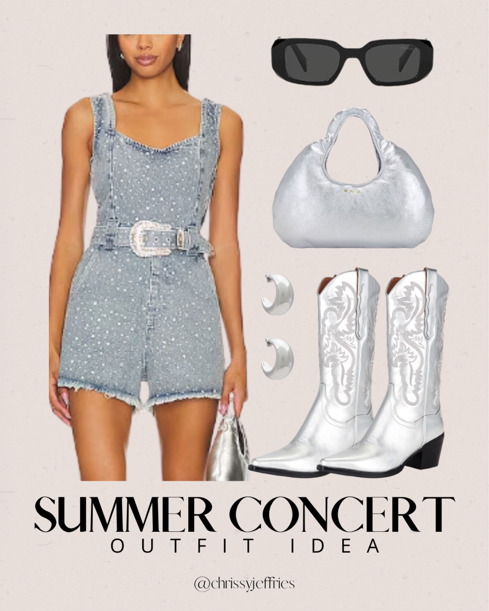 Get ready to rock your next summer concert with this chic denim and silver outfit idea! Featuring a stylish denim romper, silver accessories, and statement cowboy boots, this look is perfect for standing out in the crowd. Complete the ensemble with sleek sunglasses and a matching silver bag for the ultimate concert-ready style. 

#SummerConcertOutfit #DenimAndSilver #ConcertFashion #SummerStyle #FashionInspo

#LTKsummer #LTKpartywear #LTKtravel