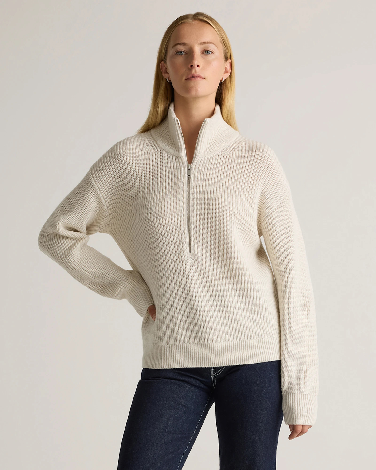 Quince | Women's Australian Merino Wool Half Zip Sweater in Heather Bone, Size Large | Quince