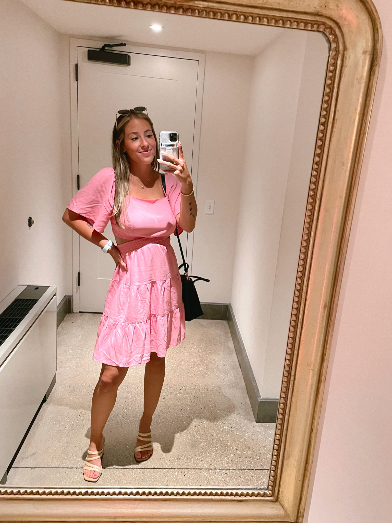 Pink sun dress 

TTS in dress. Couldn’t find actual heels but I got them from Target last season. I tagged a few others I like :) 

Sun dress. Pink dress. Summer dress. Summer sandals. Cute summer dress  