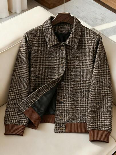 Franclia Plus Size Women's Lapel Button-Up Houndstooth Lined Contrast Ribbed Regular Jacket, ... | SHEIN