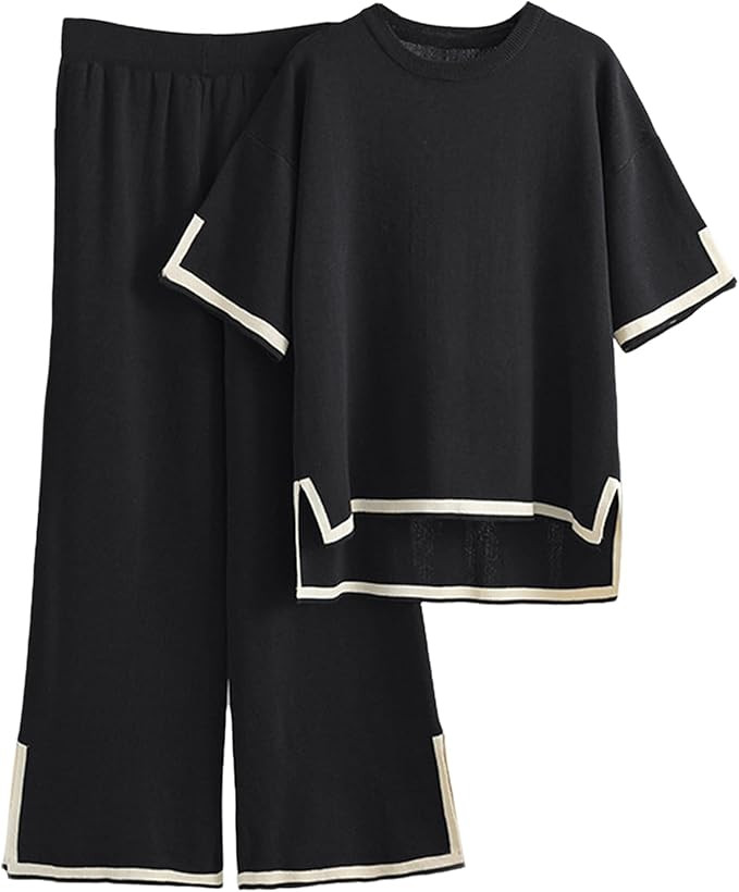 Songling Womens Casual Two Piece Outfits Sweater Sets Comfy Short Sleeve Knit Pullover Tops Wide ... | Amazon (US)