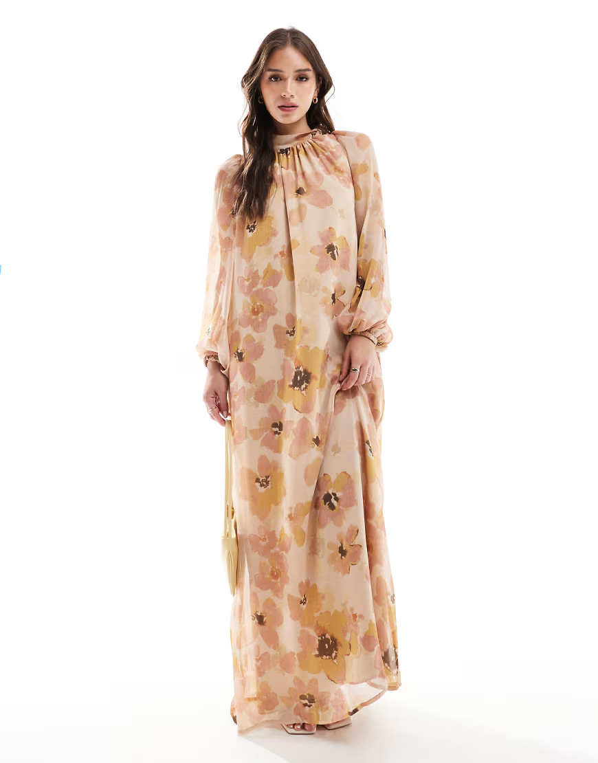 ASOS DESIGN bow neck smock maxi dress in pink floral-Multi | ASOS (Global)