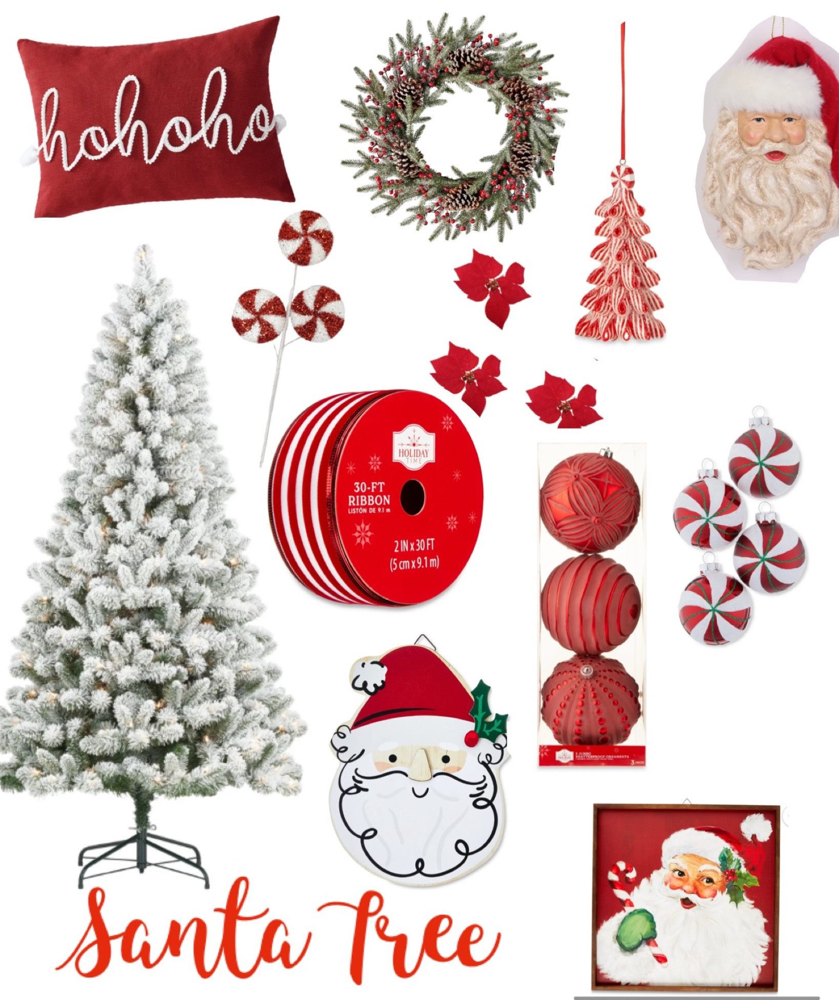 Walmart Santa themed Christmas tree! Red and white Christmas tree! Flocked Christmas tree! Christmas ornaments, Christmas ribbon, Christmas wreath! Holiday time Christmas! 