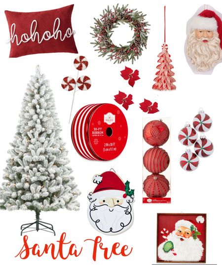 Walmart Santa themed Christmas tree! Red and white Christmas tree! Flocked Christmas tree! Christmas ornaments, Christmas ribbon, Christmas wreath! Holiday time Christmas! 