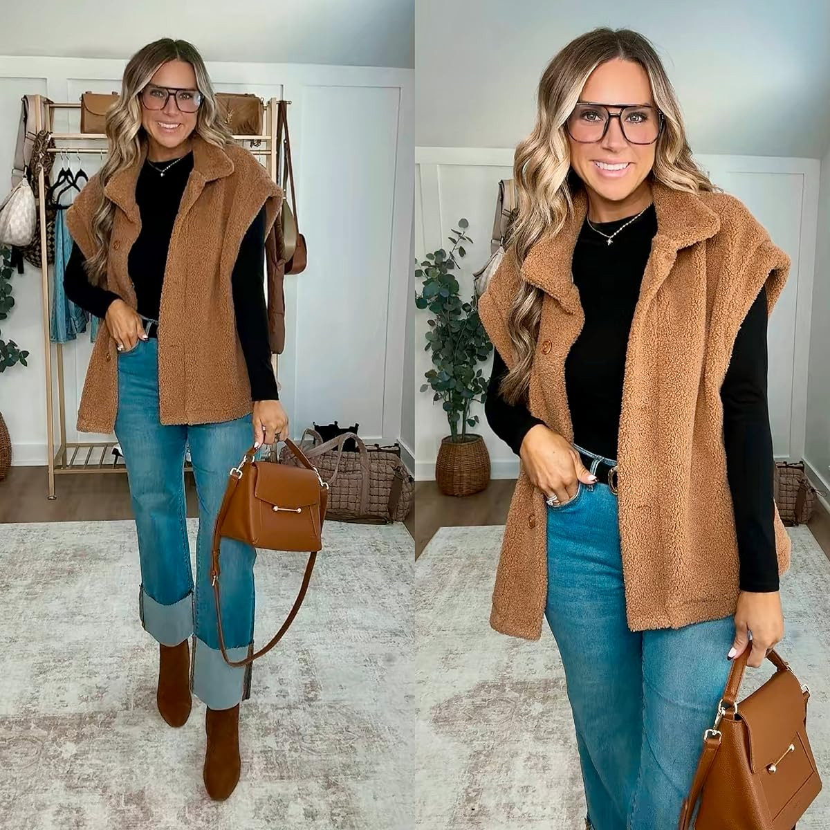 Stay cozy in this fuzzy vest! Perfect for layering over my favorite tops. Paired with these comfy boots, it's the ultimate cozy and put together outfit. I’m 5’6 139lbs in a size 4 jeans, small black long sleeve top, medium sherpa vest. Boots fit tts, also linking a similar pair  

 #LTKHoliday #LTKootd #LTKSeasonal