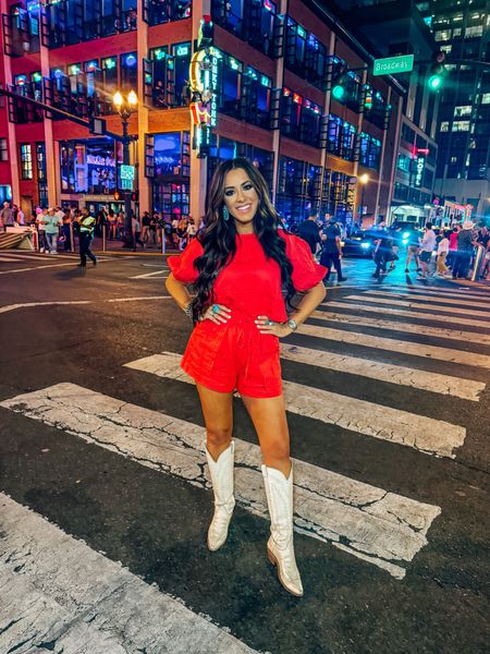 Two piece red set from petal and pup - wearing a medium. So cute for a night out in Nashville or a country concert outfit  paired with my cream Lucchese cowgirl
Boots , cowboy boots 

#LTKFindsUnder50 #LTKFindsUnder100 #LTKStyleTip