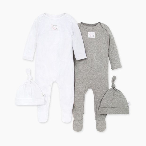 Burt's Bees Baby Organic Footed Coverall & Knot Top Hat (2 Pack) in Heather Grey/Cloud Size 6-9 Mont | Babylist